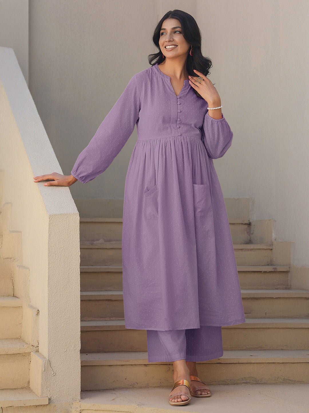 Janasya Light Dobby Cotton Self Design A-Line Kurta Set | Grocsy