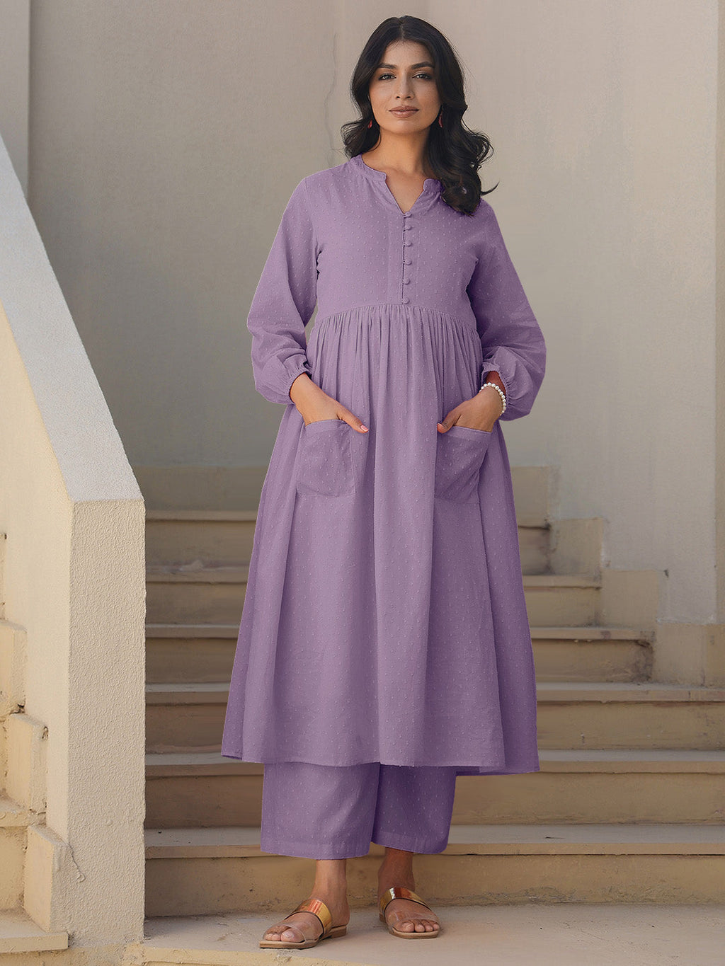 Janasya Light Dobby Cotton Self Design A-Line Kurta Set | Grocsy