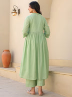 Janasya Light Dobby Cotton Self Design A-Line Kurta Set | Grocsy