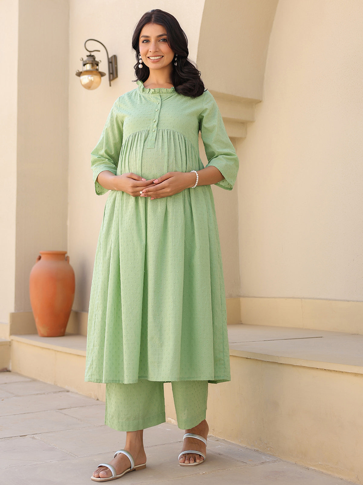 Janasya Light Dobby Cotton Self Design A-Line Kurta Set | Grocsy