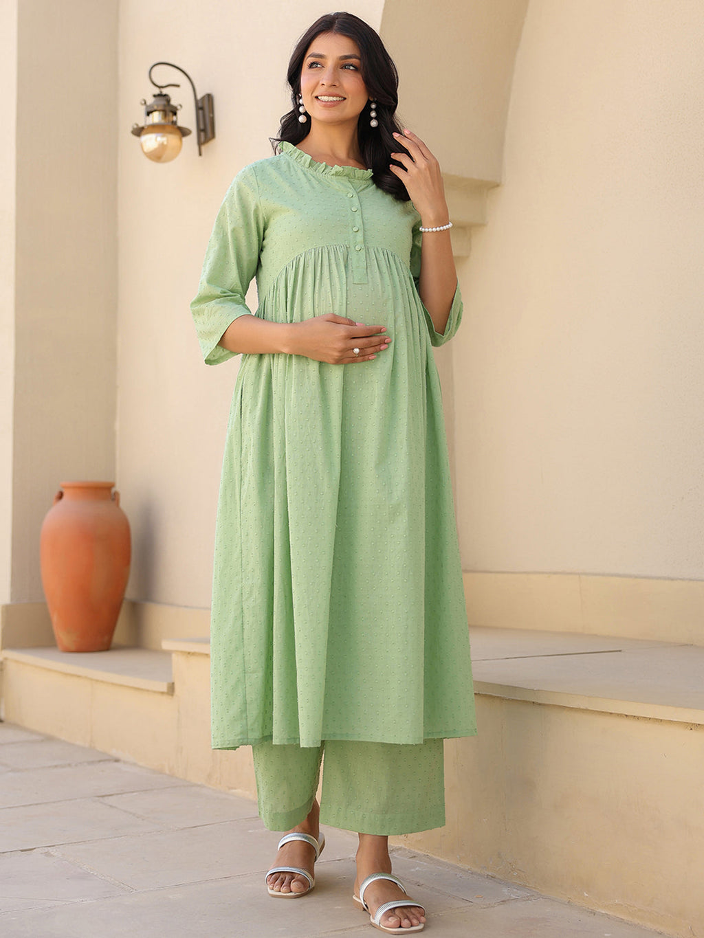 Janasya Light Dobby Cotton Self Design A-Line Kurta Set | Grocsy