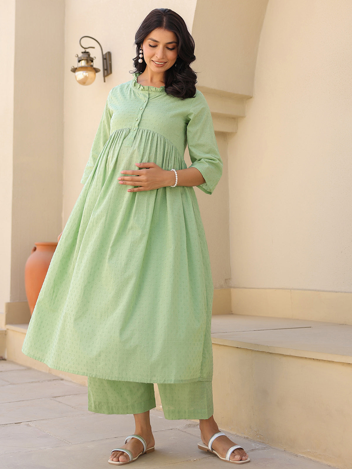 Janasya Light Dobby Cotton Self Design A-Line Kurta Set | Grocsy