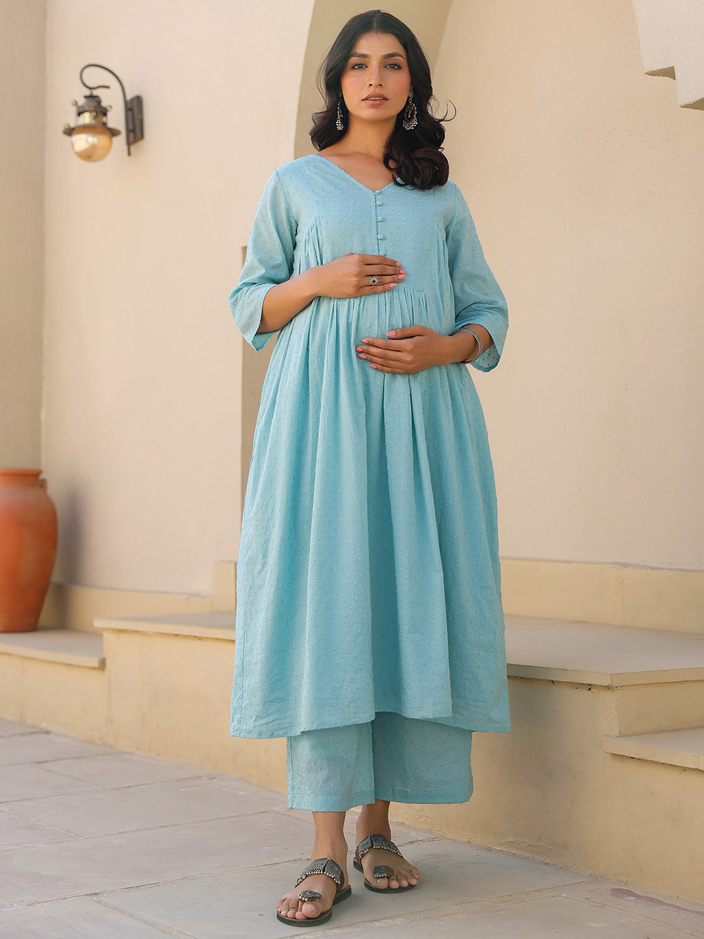 Janasya Light Dobby Cotton Self Design A-Line Top & Bottom Set | Grocsy