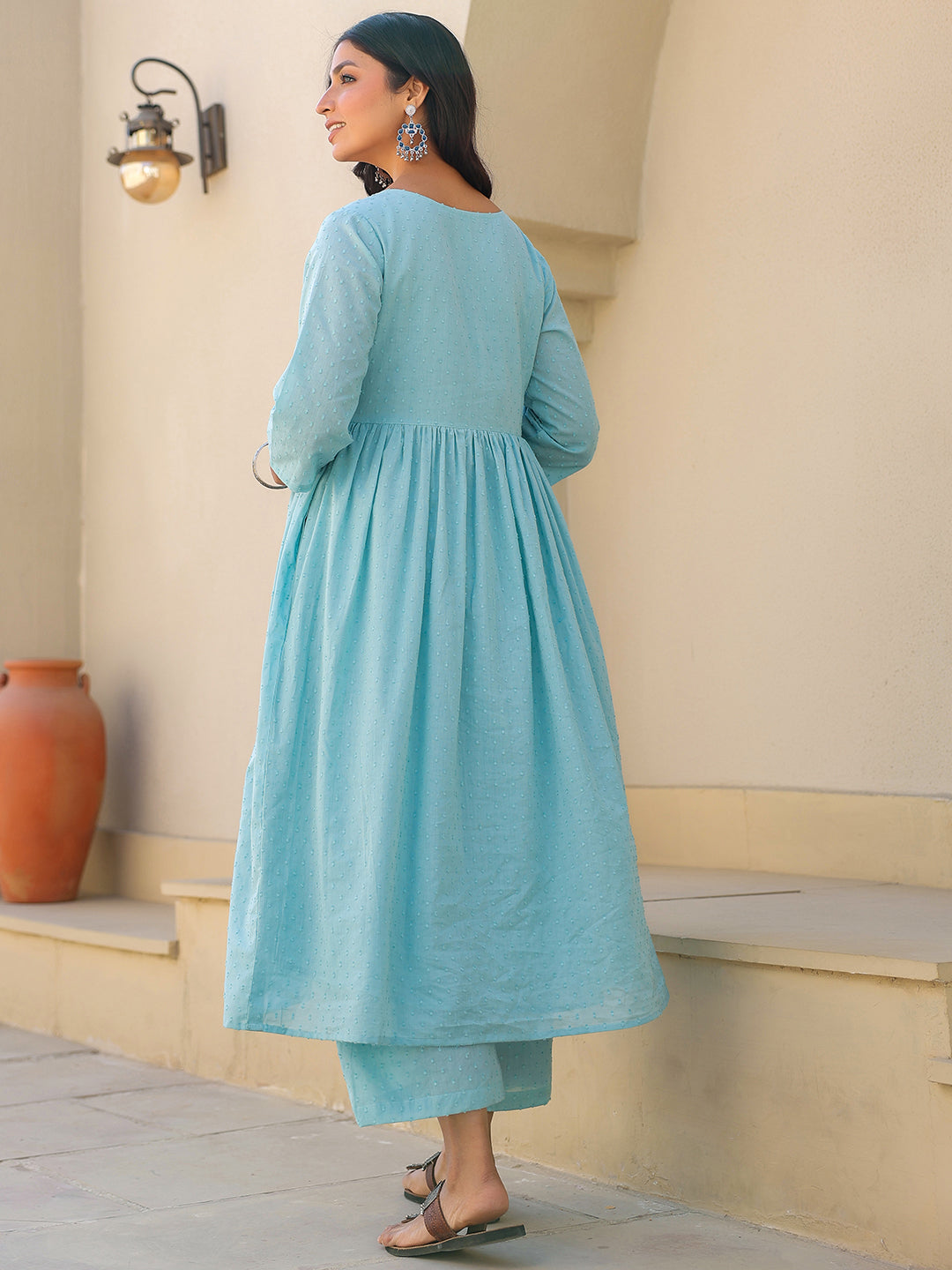Janasya Light Dobby Cotton Self Design A-Line Top & Bottom Set | Grocsy