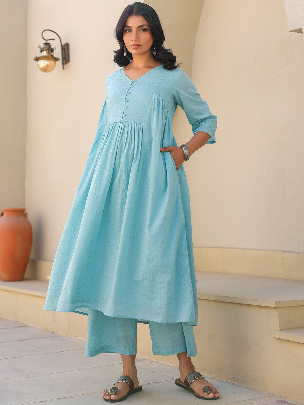 Janasya Light Dobby Cotton Self Design A-Line Top & Bottom Set | Grocsy