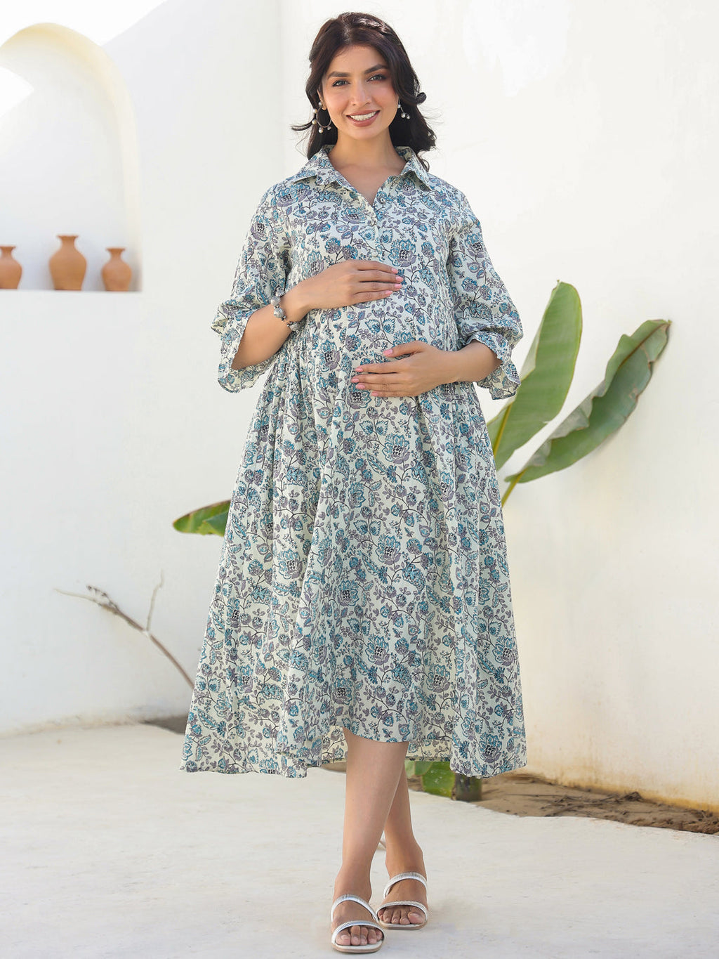 Janasya Dark Cotton Floral A-Line Dress | Grocsy