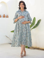 Janasya Dark Cotton Floral A-Line Dress | Grocsy