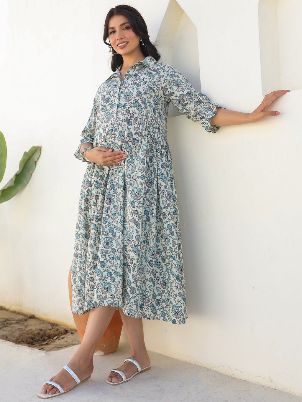 Janasya Dark Cotton Floral A-Line Dress | Grocsy