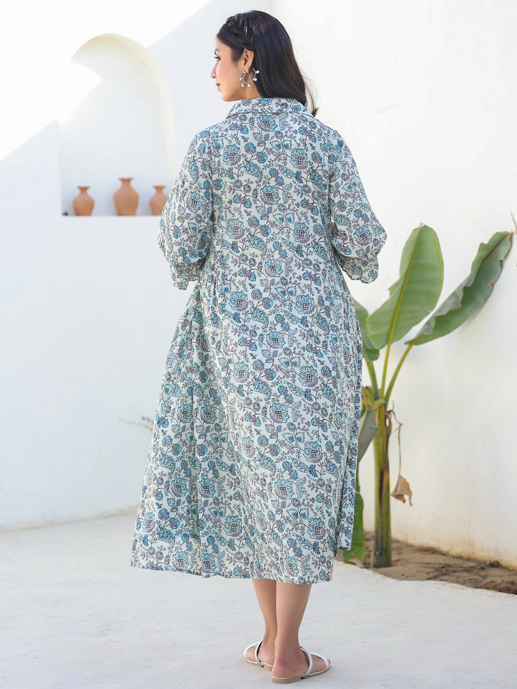 Janasya Dark Cotton Floral A-Line Dress | Grocsy