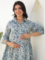 Janasya Dark Cotton Floral A-Line Dress | Grocsy