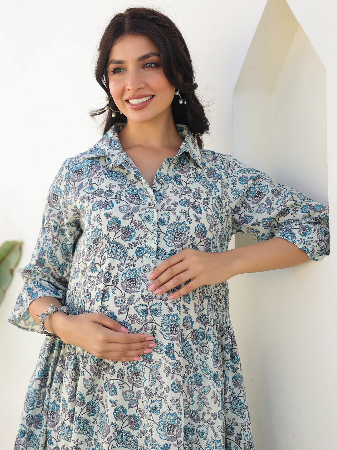 Janasya Dark Cotton Floral A-Line Dress | Grocsy