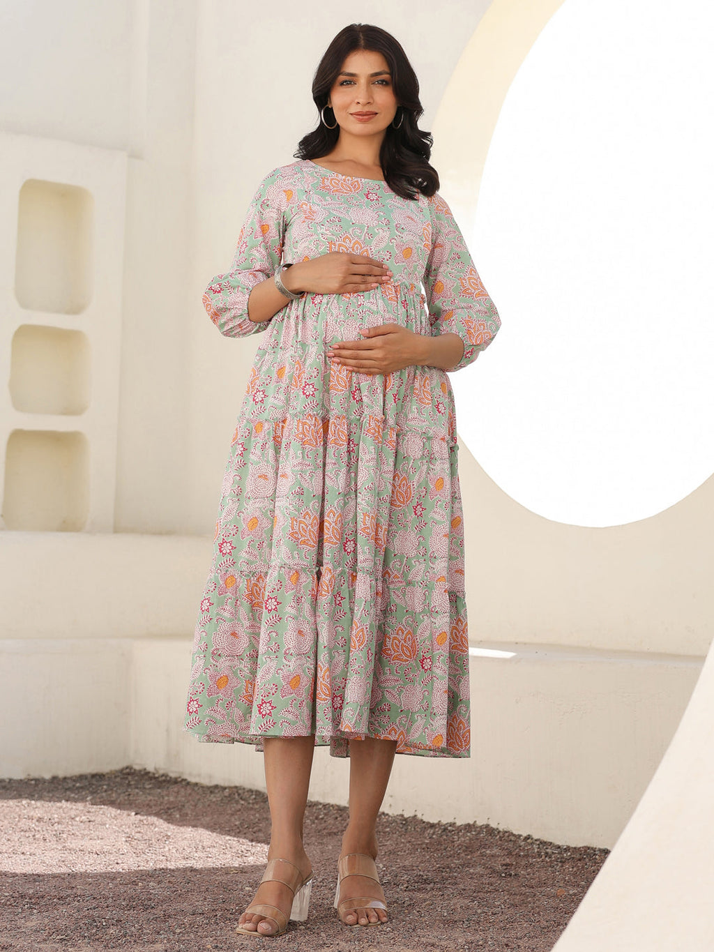 Janasya Light Cotton Floral A-Line Dress | Grocsy