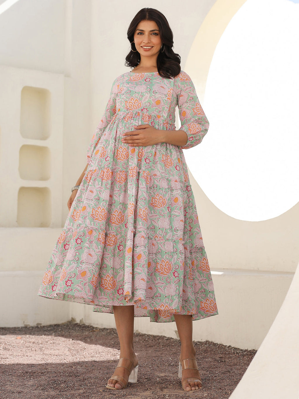 Janasya Light Cotton Floral A-Line Dress | Grocsy