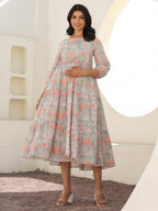 Janasya Light Cotton Floral A-Line Dress | Grocsy