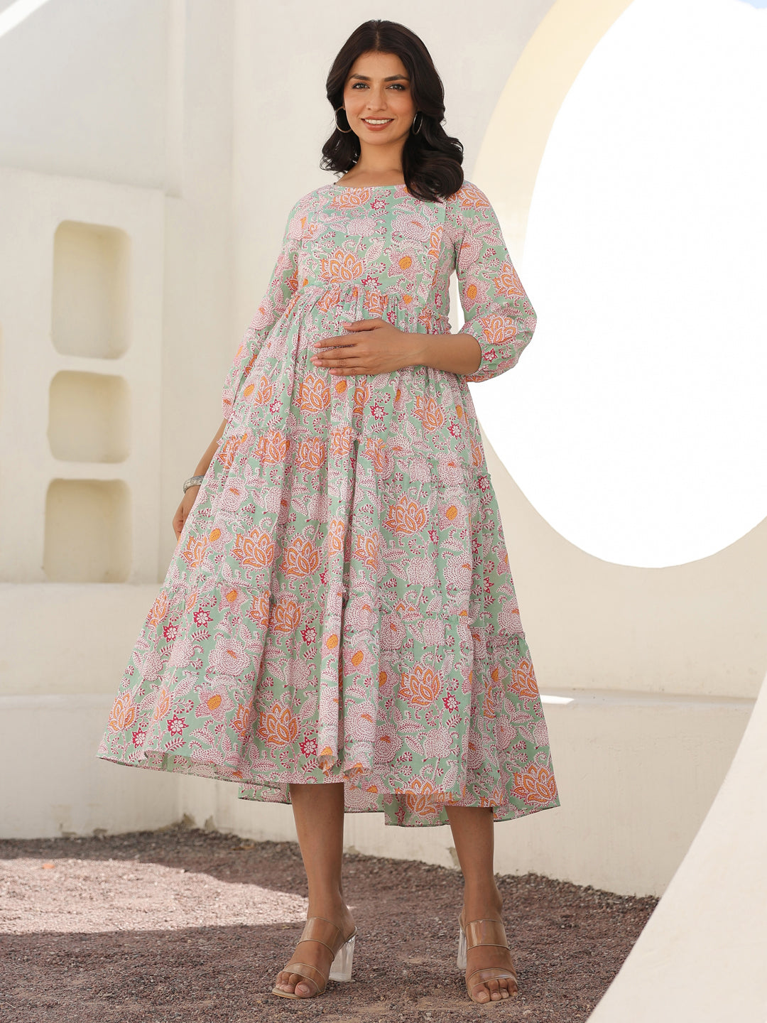 Janasya Light Cotton Floral A-Line Dress | Grocsy