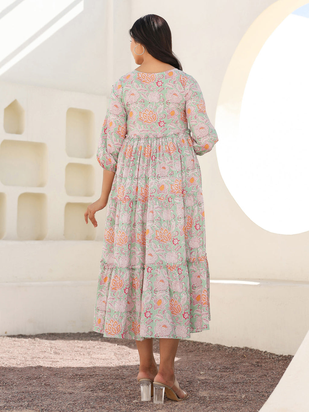 Janasya Light Cotton Floral A-Line Dress | Grocsy