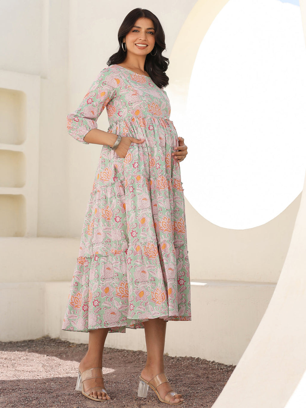 Janasya Light Cotton Floral A-Line Dress | Grocsy