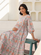 Janasya Light Cotton Floral A-Line Dress | Grocsy