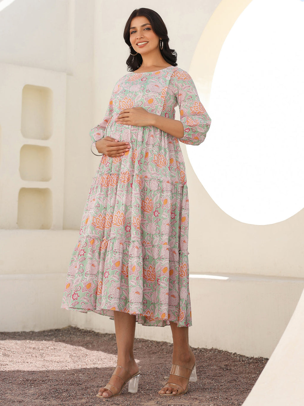 Janasya Light Cotton Floral A-Line Dress | Grocsy