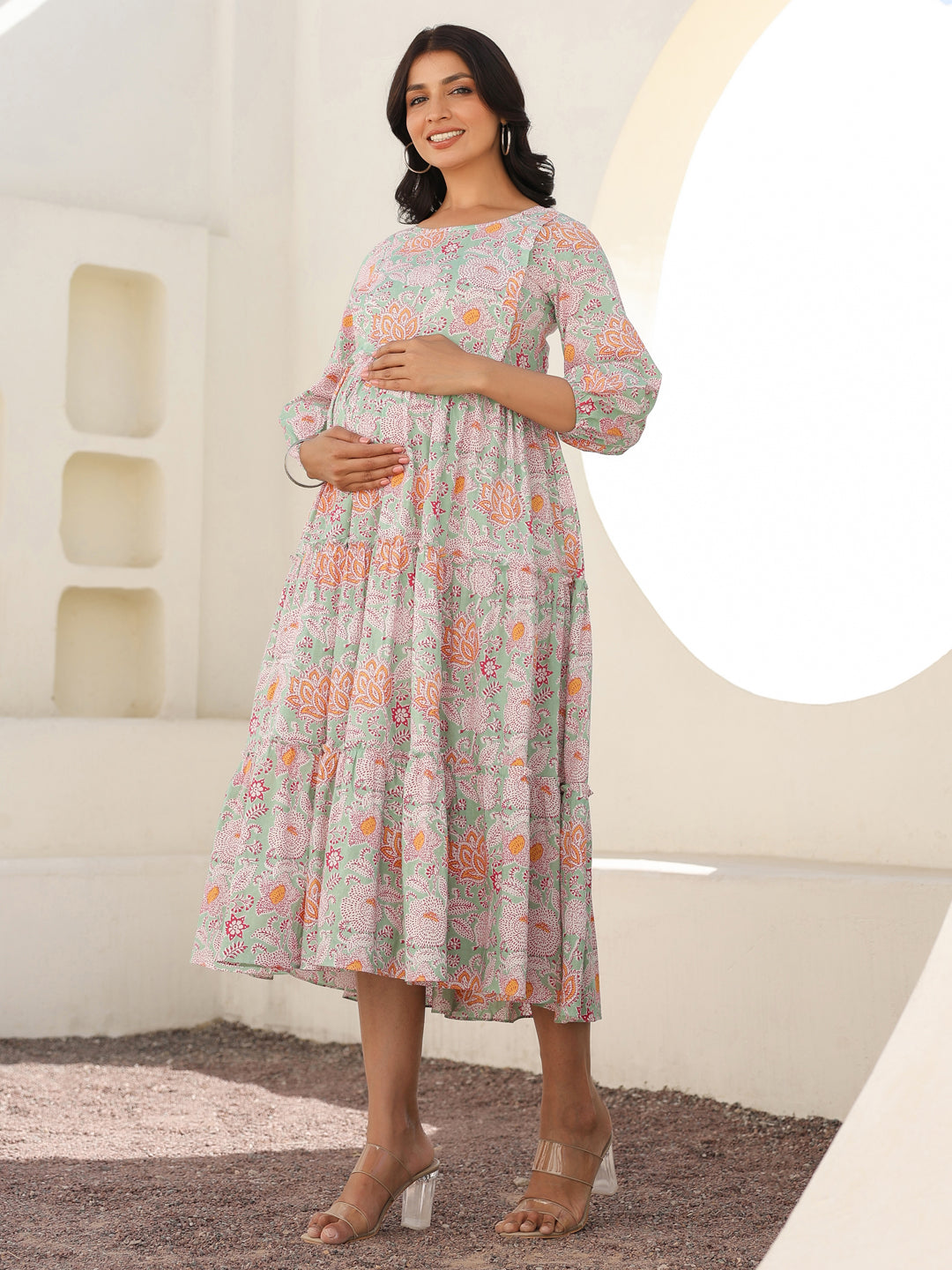 Janasya Light Cotton Floral A-Line Dress | Grocsy