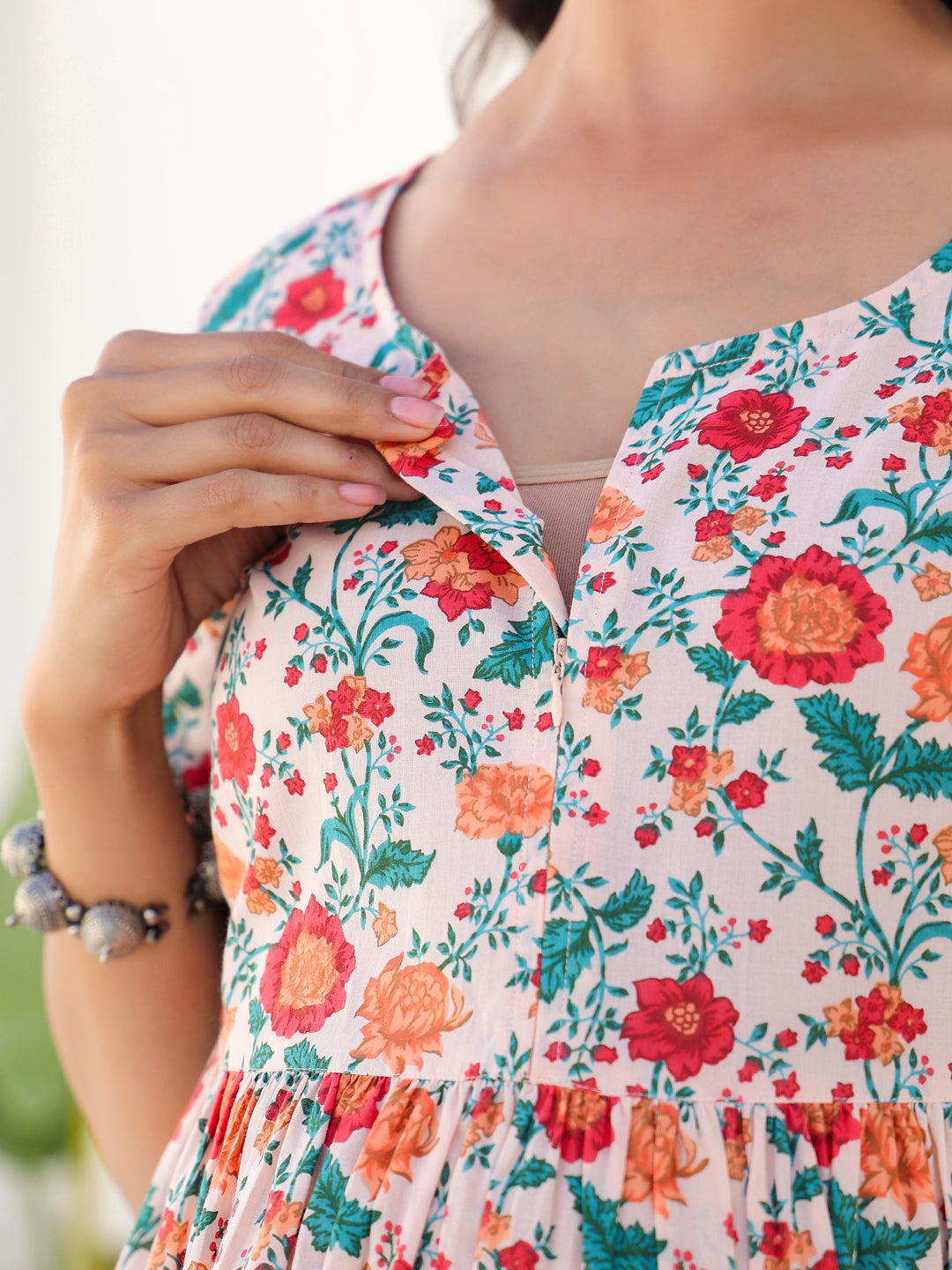 Janasya Bright Cotton Floral Fit & Flare Dress | Grocsy