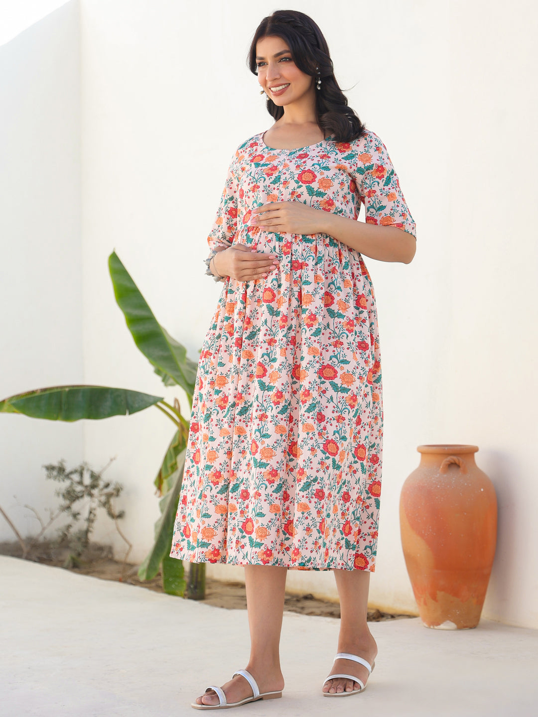 Janasya Bright Cotton Floral Fit & Flare Dress | Grocsy