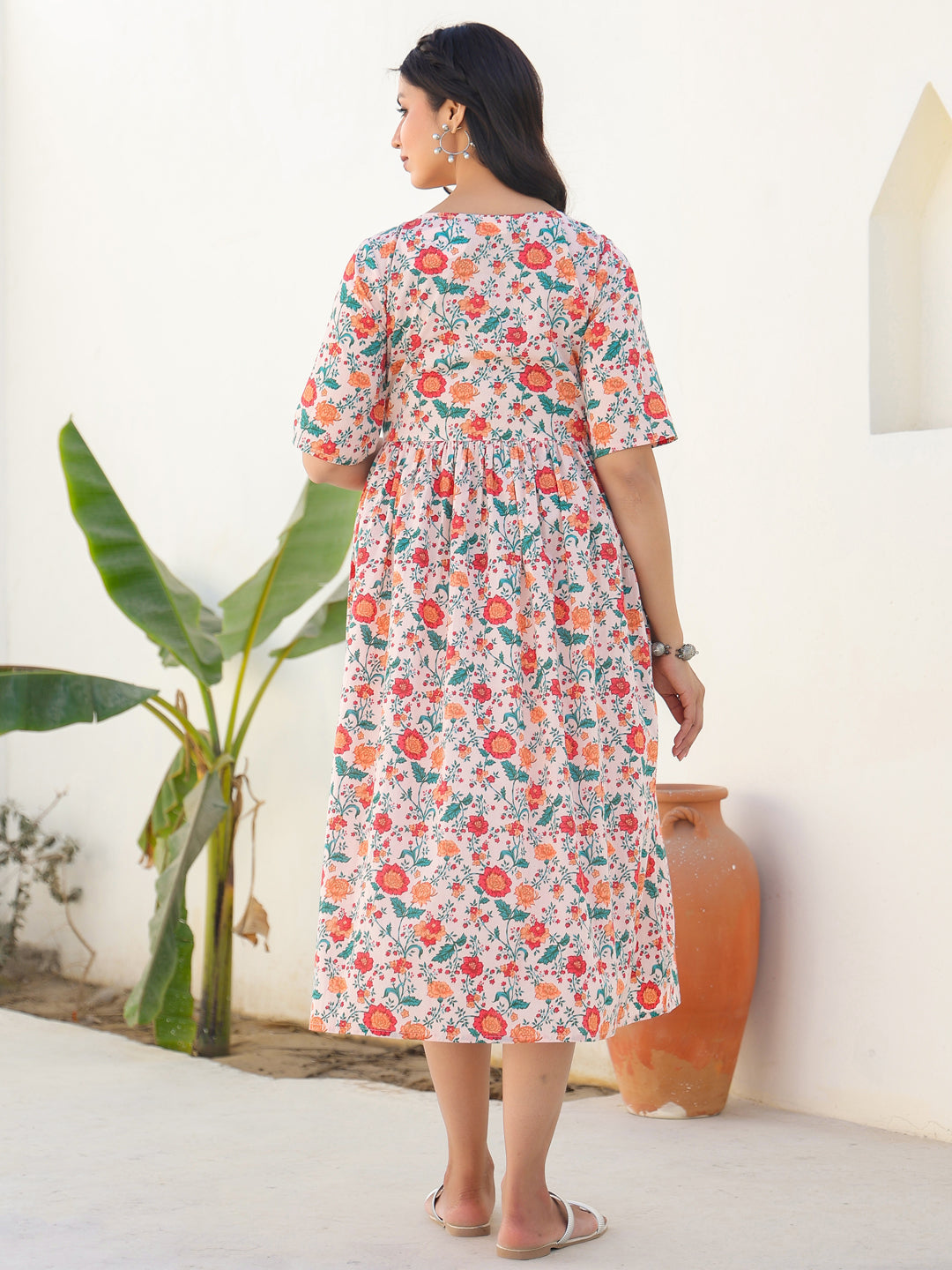 Janasya Bright Cotton Floral Fit & Flare Dress | Grocsy