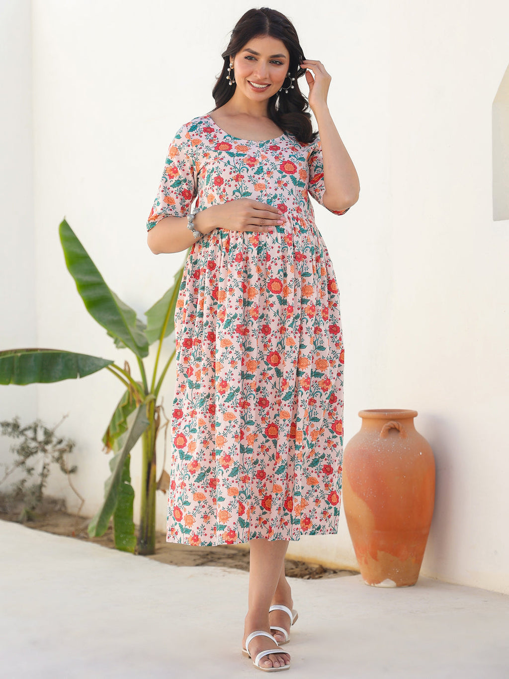 Janasya Bright Cotton Floral Fit & Flare Dress | Grocsy