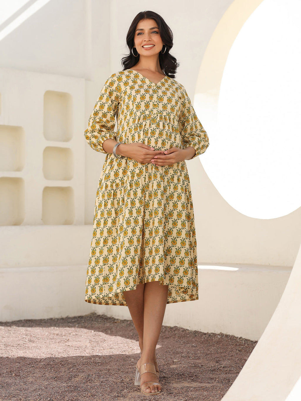 Janasya Light Cotton Floral A-Line Dress | Grocsy