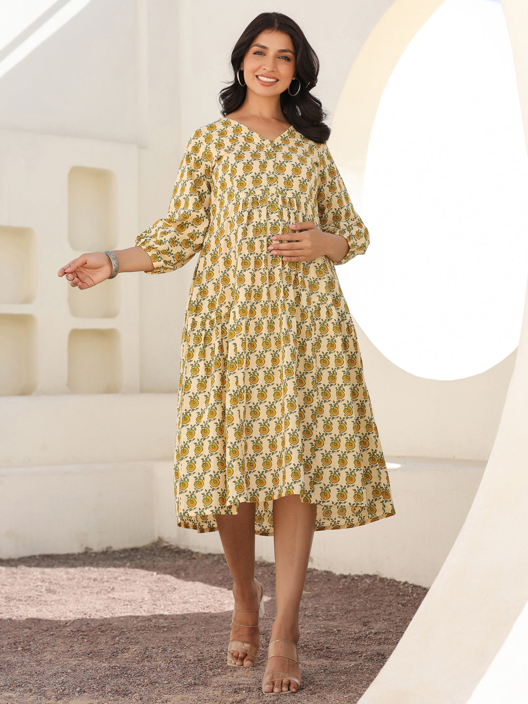 Janasya Light Cotton Floral A-Line Dress | Grocsy