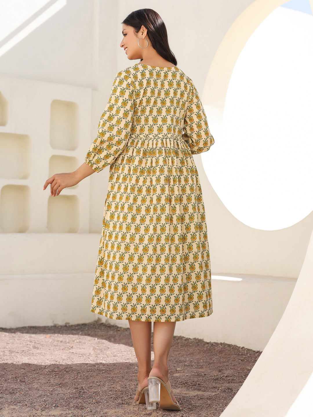 Janasya Light Cotton Floral A-Line Dress | Grocsy