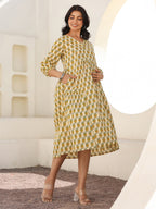 Janasya Light Cotton Floral A-Line Dress | Grocsy