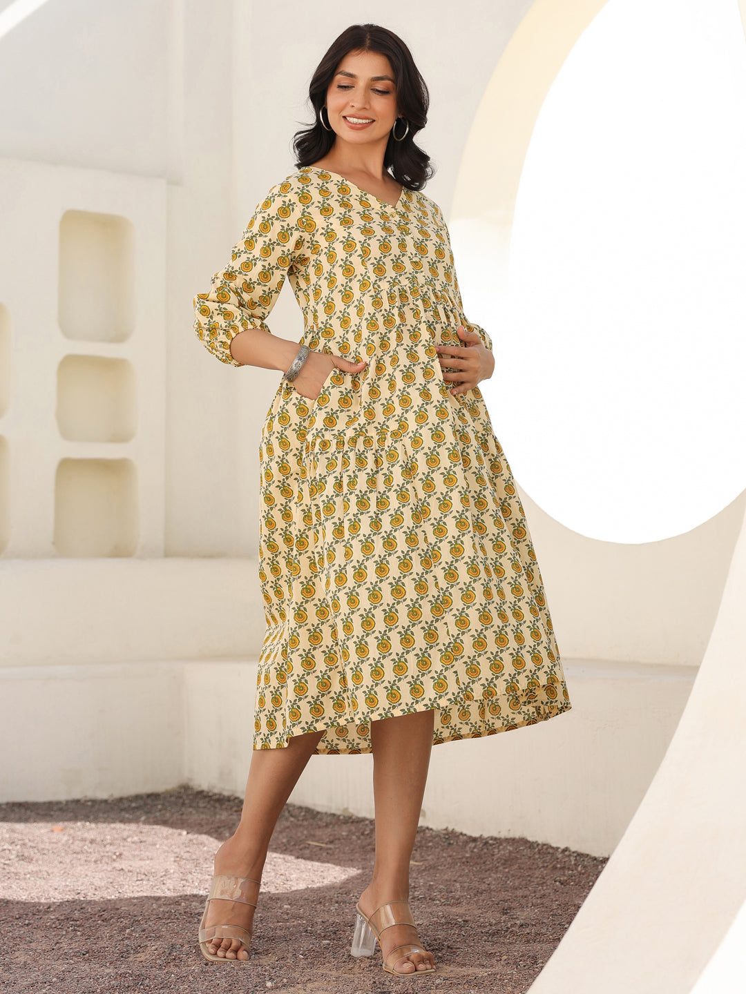 Janasya Light Cotton Floral A-Line Dress | Grocsy