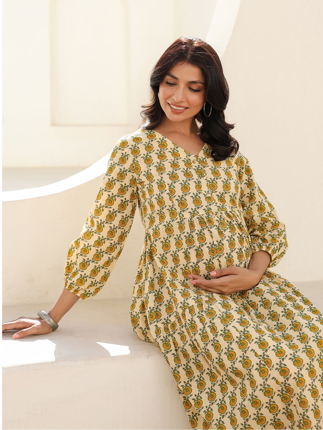Janasya Light Cotton Floral A-Line Dress | Grocsy