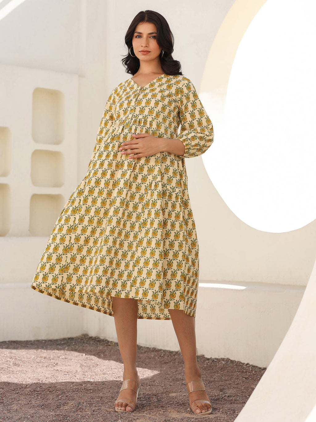 Janasya Light Cotton Floral A-Line Dress | Grocsy