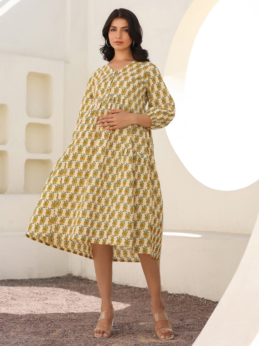 Janasya Light Cotton Floral A-Line Dress | Grocsy