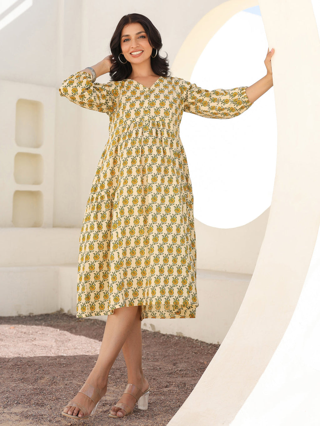 Janasya Light Cotton Floral A-Line Dress | Grocsy