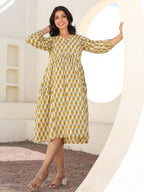 Janasya Light Cotton Floral A-Line Dress | Grocsy