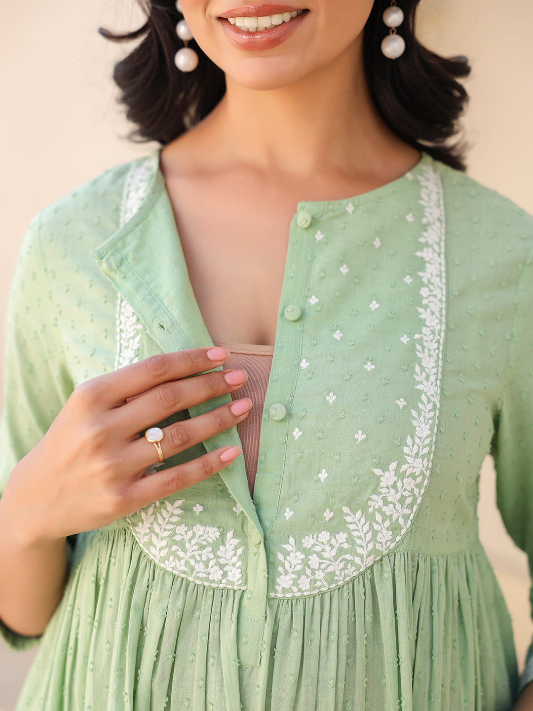 Janasya Light Dobby Cotton Yoke Embroidery A-Line Kurta Set | Grocsy