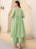 Janasya Light Dobby Cotton Yoke Embroidery A-Line Kurta Set | Grocsy