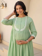 Janasya Light Dobby Cotton Yoke Embroidery A-Line Kurta Set | Grocsy