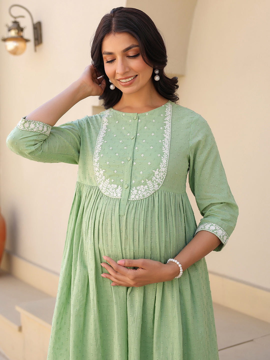 Janasya Light Dobby Cotton Yoke Embroidery A-Line Kurta Set | Grocsy