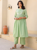 Janasya Light Dobby Cotton Yoke Embroidery A-Line Kurta Set | Grocsy