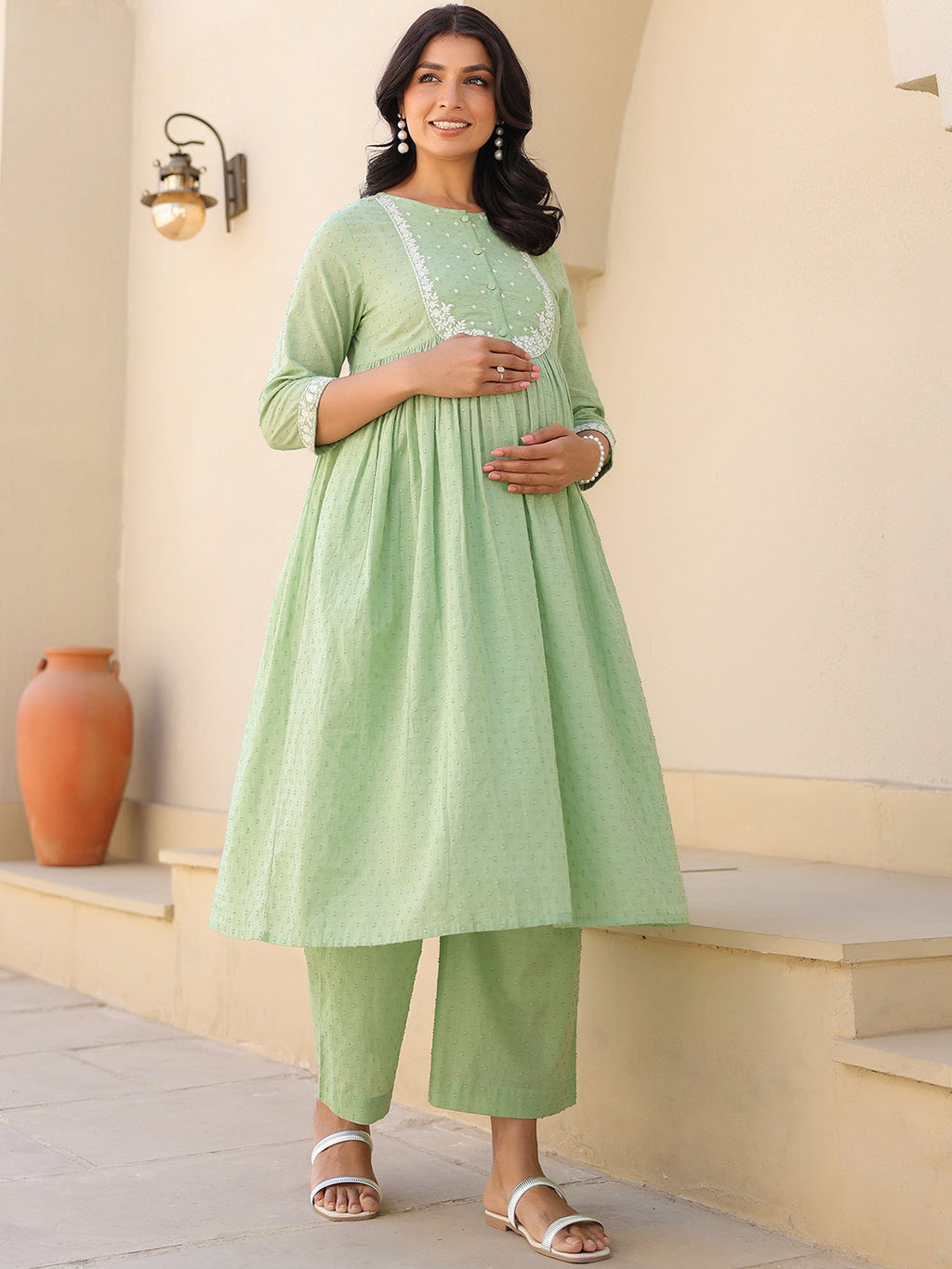 Janasya Light Dobby Cotton Yoke Embroidery A-Line Kurta Set | Grocsy