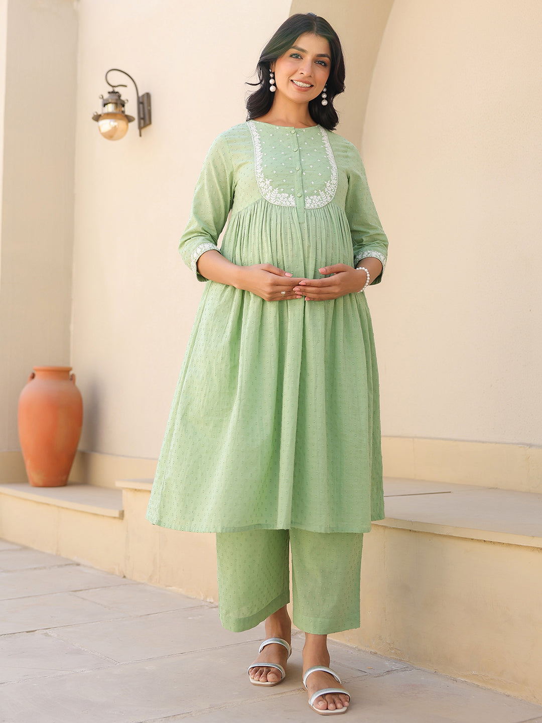 Janasya Light Dobby Cotton Yoke Embroidery A-Line Kurta Set | Grocsy