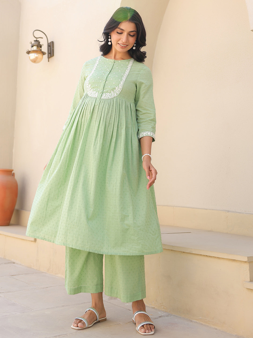 Janasya Light Dobby Cotton Yoke Embroidery A-Line Kurta Set | Grocsy