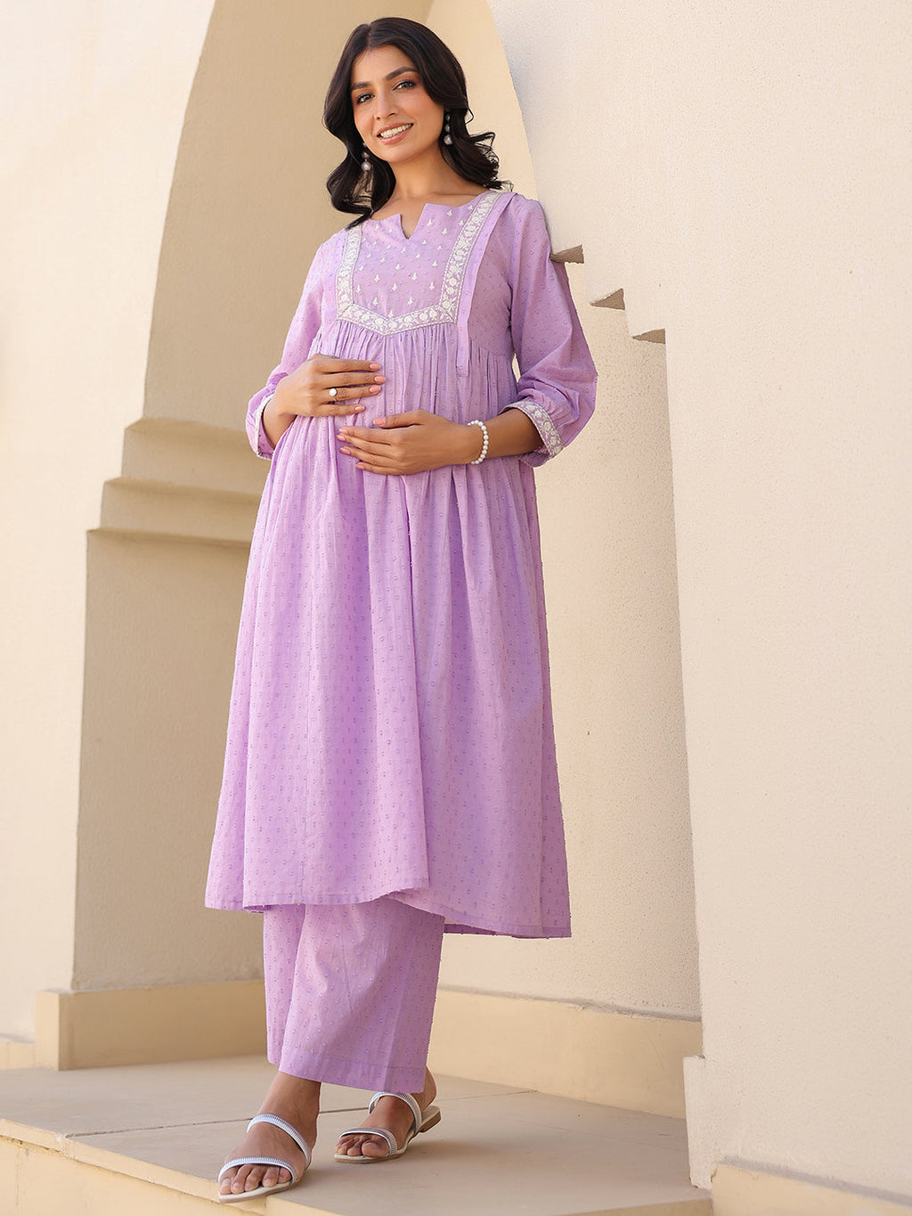 Janasya Bright Dobby Cotton Yoke Embroidery A-Line Kurta Set | Grocsy