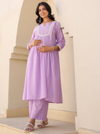 Janasya Bright Dobby Cotton Yoke Embroidery A-Line Kurta Set | Grocsy
