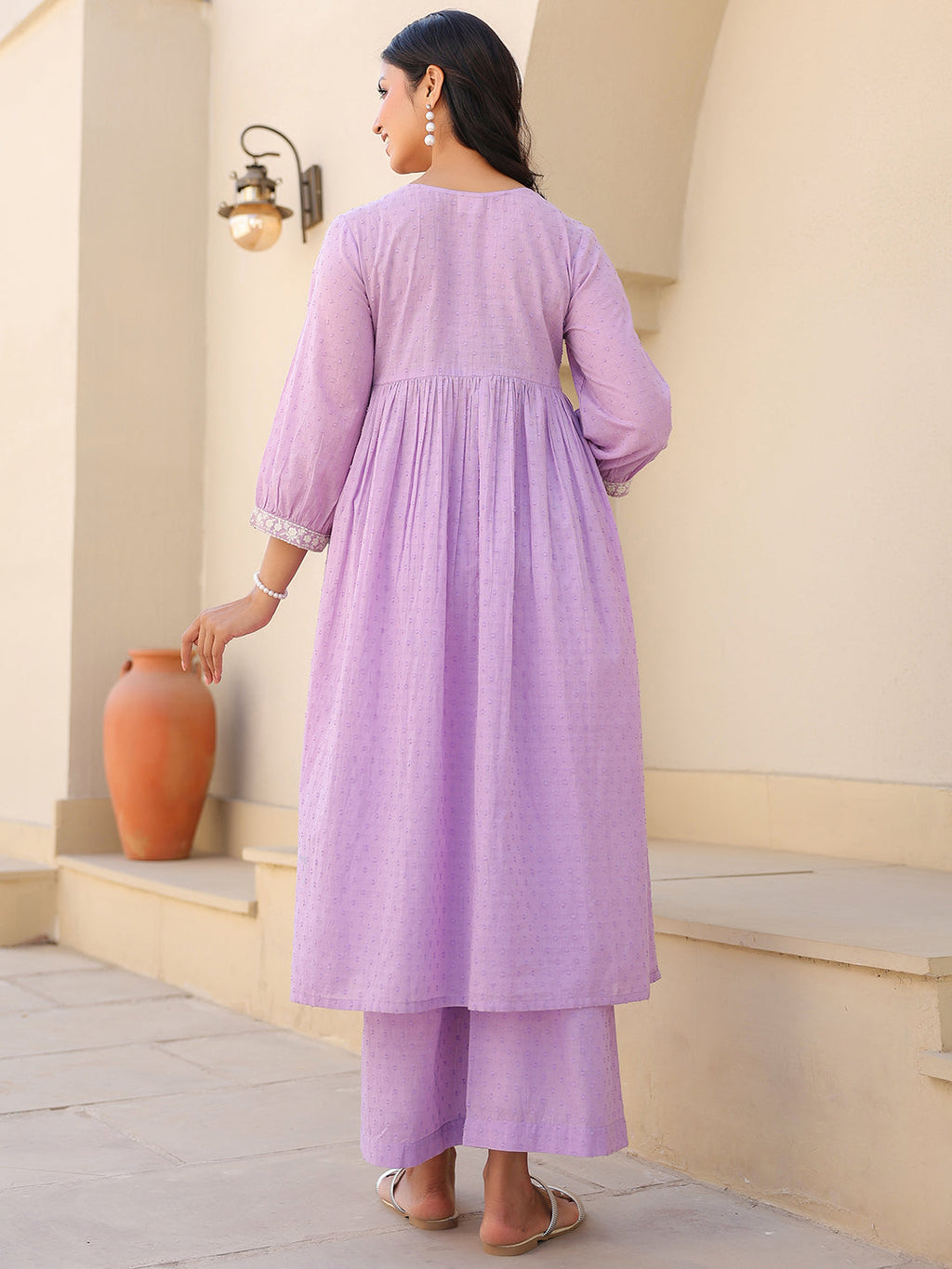 Janasya Bright Dobby Cotton Yoke Embroidery A-Line Kurta Set | Grocsy