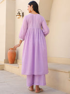 Janasya Bright Dobby Cotton Yoke Embroidery A-Line Kurta Set | Grocsy